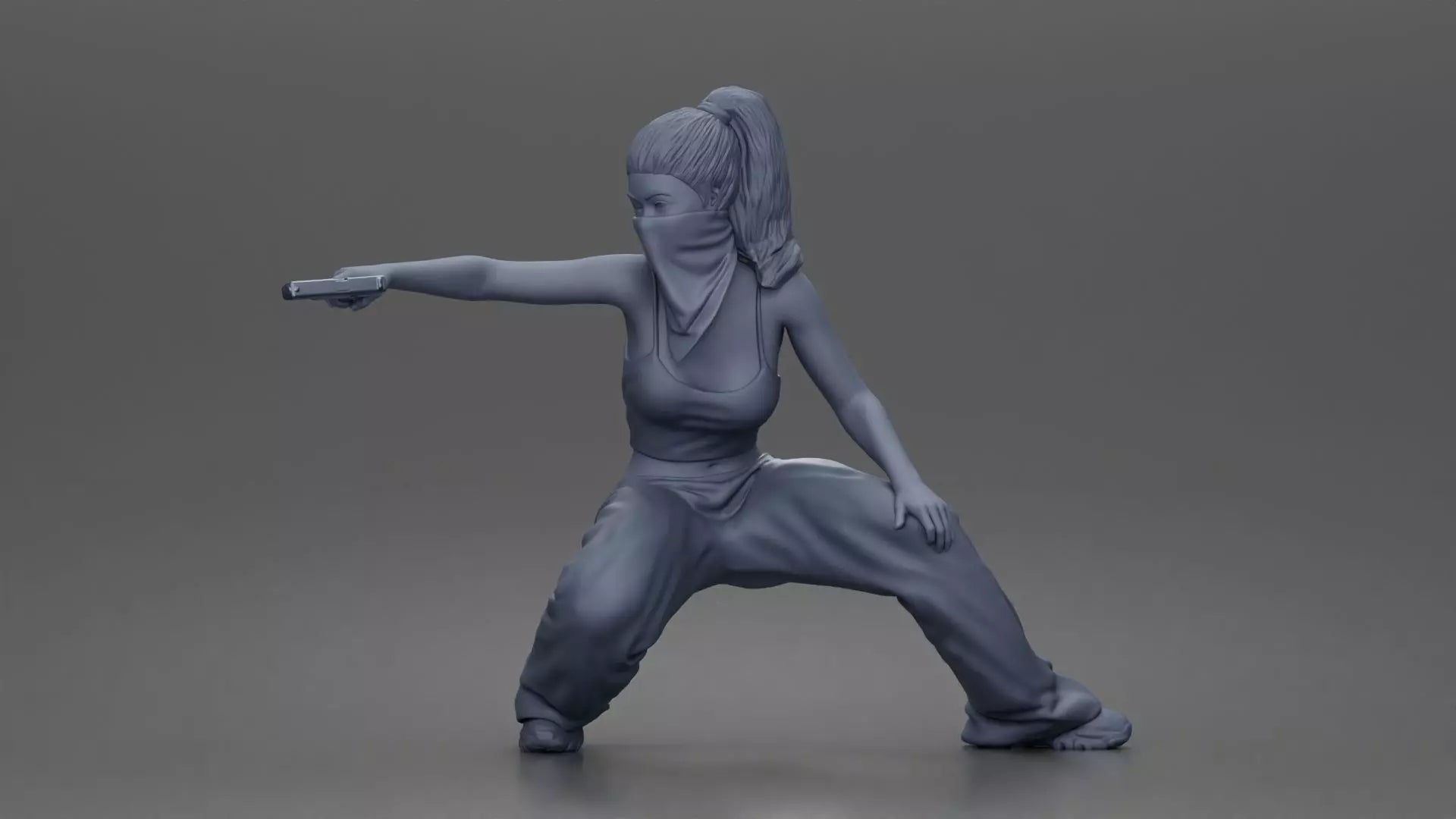 crouched masked latina with gun